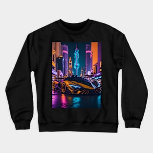 Dark Neon Sports Car in Japanese Neon City Crewneck Sweatshirt